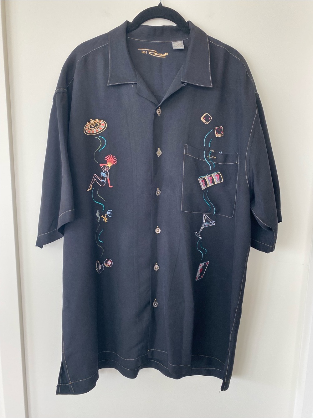 Vintage Tori Richard Black Short-Sleeve  Silk Shirt with Colorful Embroidery